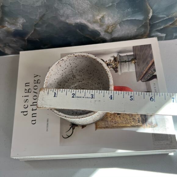 Studio Art Pottery Hand Thrown Mug 3" Speckled White Black Unique Orange Handle - Picture 10 of 12